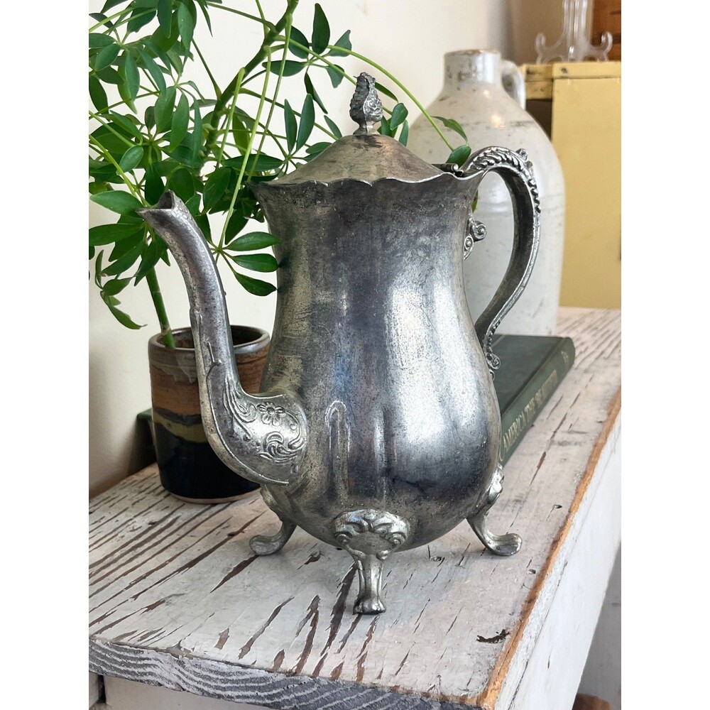 Vintage Heavy Floral & Footed Silver Plated Teapot Shabby Chic Decor Kitchen 9.5